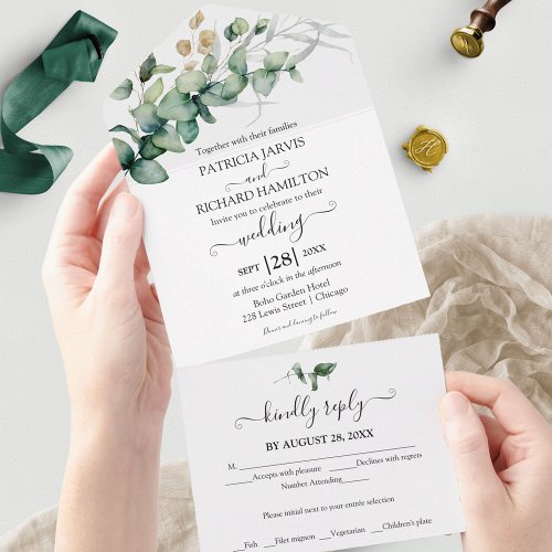 Rustic Greenery Eucalyptus Calligraphy Wedding All In One Invitation