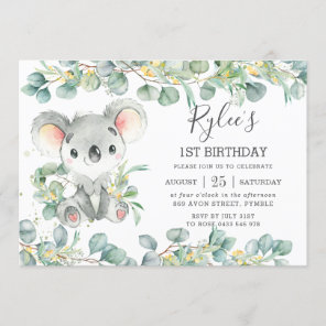 Rustic Greenery Eucalyptus Cute Koala Birthday Invitation