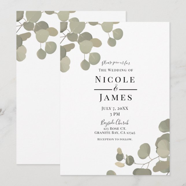 Rustic Greenery Eucalyptus Elegant Modern Wedding Invitation (Front/Back)