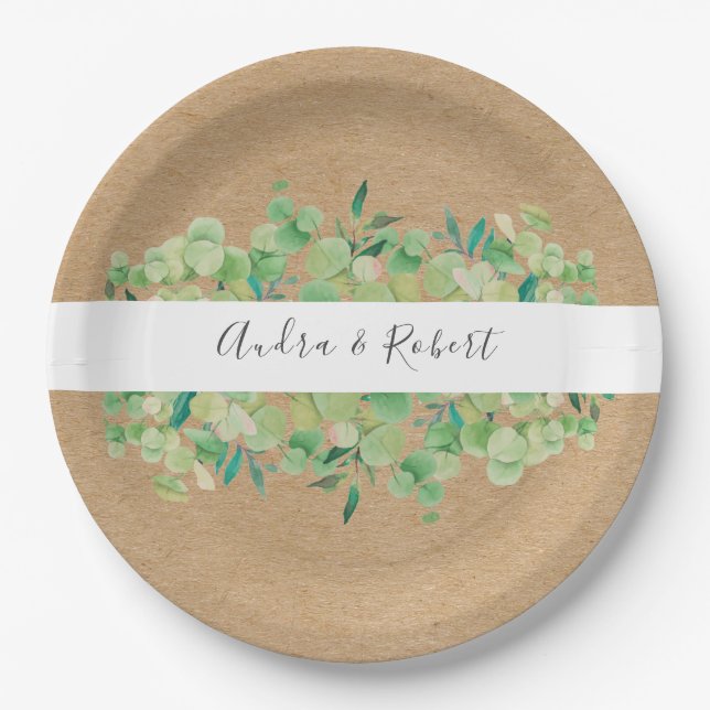 Rustic Greenery Eucalyptus Garland Wedding Paper Plates (Front)