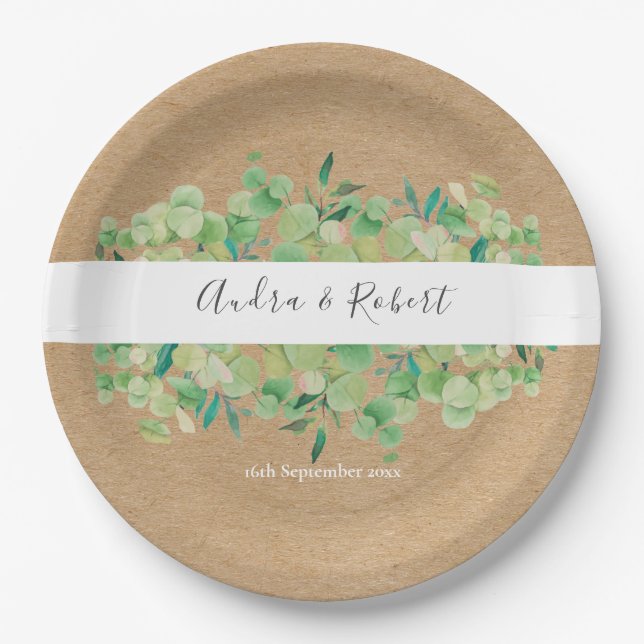 Rustic Greenery Eucalyptus Garland Wedding Paper Plates (Front)