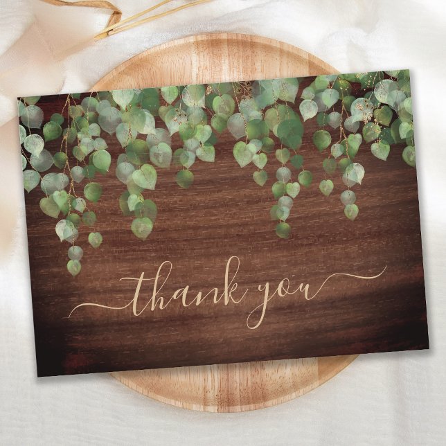 Rustic Greenery Eucalyptus Gold Script Wedding Thank You Card (Creator Uploaded)