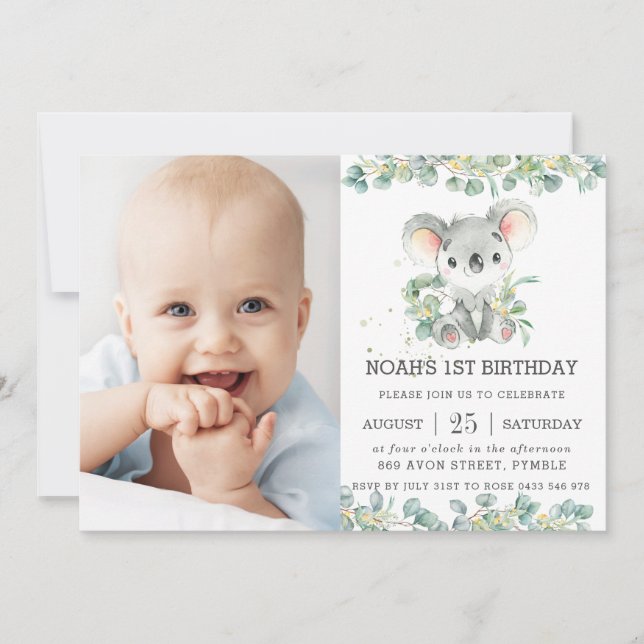 Rustic Greenery Eucalyptus Koala Birthday Photo Invitation (Front)