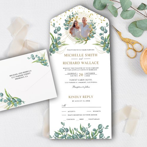 Rustic Greenery Eucalyptus Leaves Photo Wedding All In One Invitation