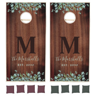 Rustic Greenery Eucalyptus Monogram Wedding Wood  Cornhole Set