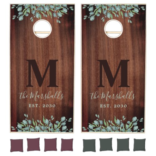Rustic Greenery Eucalyptus Monogram Wedding Wood  Cornhole Set