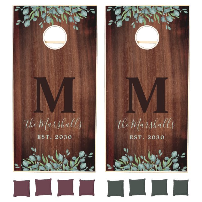 Rustic Greenery Eucalyptus Monogram Wedding Wood  Cornhole Set (Set)