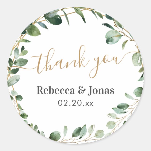 Rustic Greenery Eucalyptus Personalized Thank You Classic Round Sticker (Front)
