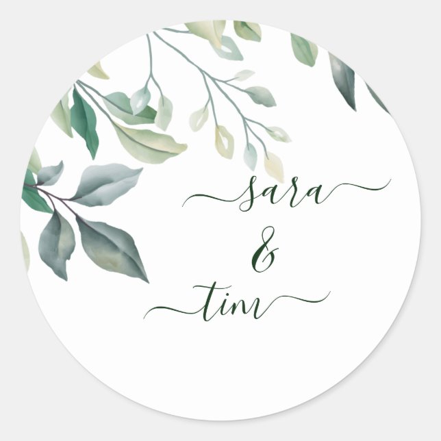 Rustic Greenery Eucalyptus Personalized Wedding Classic Round Sticker (Front)