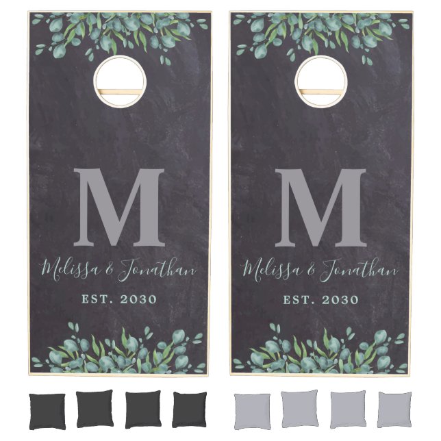 Rustic Greenery Eucalyptus Slate Monogram Wedding  Cornhole Set (Set)
