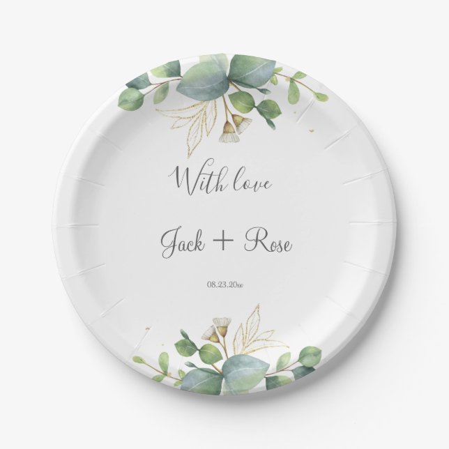   Rustic Greenery Eucalyptus Summer Wedding.  Paper Plates (Front)