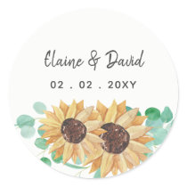Rustic greenery eucalyptus sunflowers Wedding Classic Round Sticker