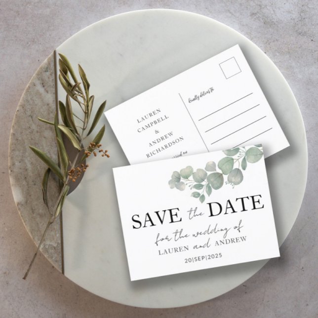 Rustic Greenery Eucalyptus Wedding Save the Date  Postcard (Creator Uploaded)