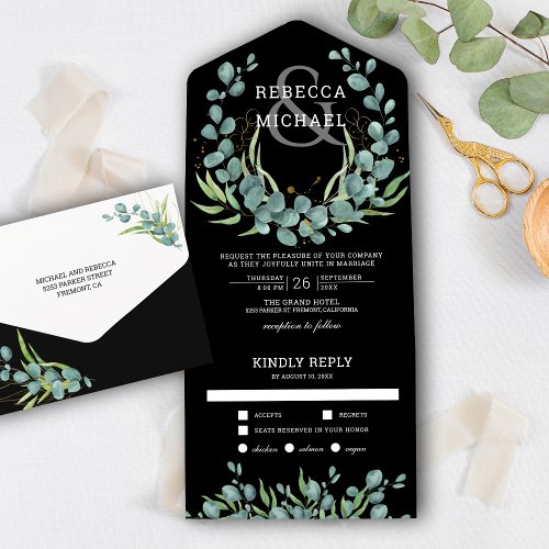 Rustic Greenery Eucalyptus Wreath Black Wedding All In One Invitation