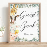 Rustic Greenery Farm Animals Baby Guest Book Sign
