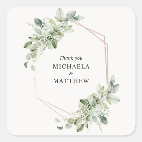 Rustic Greenery Faux Rose Gold Wedding Favor Square Sticker