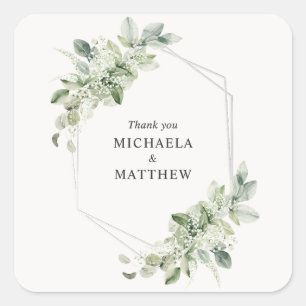 Rustic Greenery Faux Silver Foil Wedding Favor Square Sticker