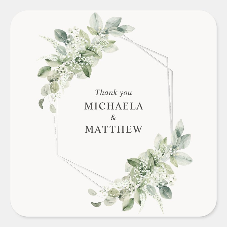 Rustic Greenery Faux Silver Foil Wedding Favor Square Sticker