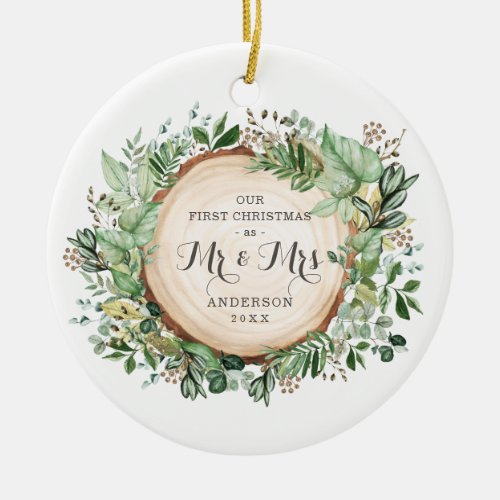 Rustic Greenery First Christmas as Mr and Mrs Ceramic Ornament