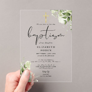 Rustic Greenery Floral Elegant Modern Baptism Acrylic Invitations