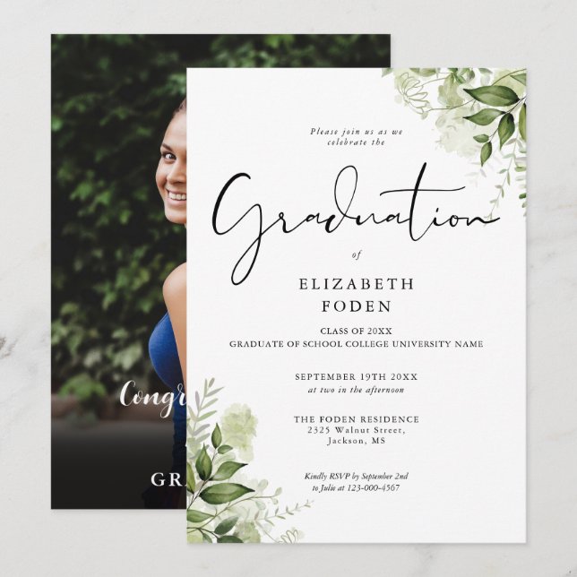 Rustic Greenery Floral Elegant Photo Graduation Invitation (Front/Back)