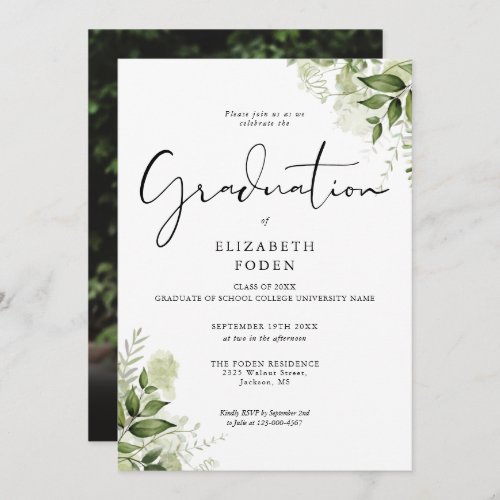 Rustic Greenery Floral Elegant Photo Graduation Invitation