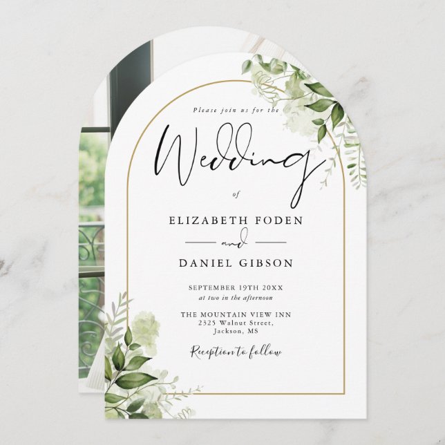 Rustic Greenery Floral Gold Arch Photo Wedding Invitation (Front/Back)