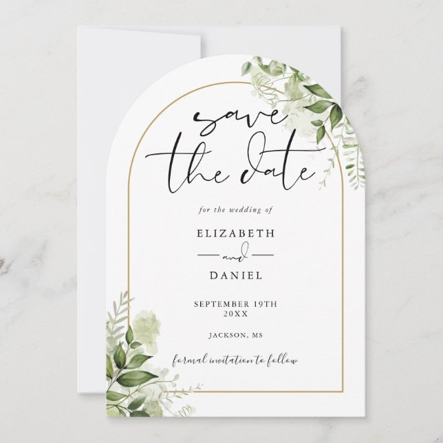 Rustic Greenery Floral Gold Arch Photo Wedding Save The Date (Front)