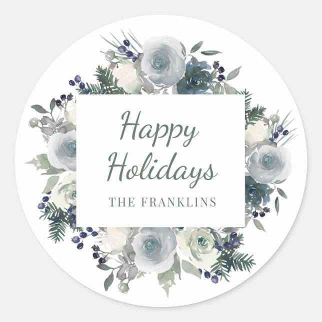Rustic Greenery Floral Happy Holidays Christmas Classic Round Sticker (Front)