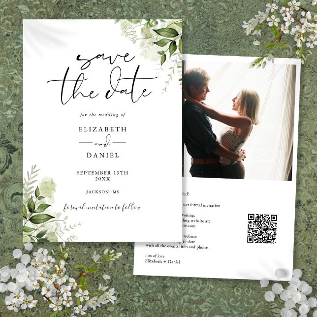 Rustic Greenery Floral Photo QR Code Wedding Save The Date (Rustic Greenery Floral Photo QR Code Wedding Save The Date)