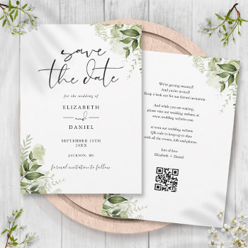 Rustic Greenery Floral Qr Code Wedding Save The Date by thisisnotmedesigns at Zazzle