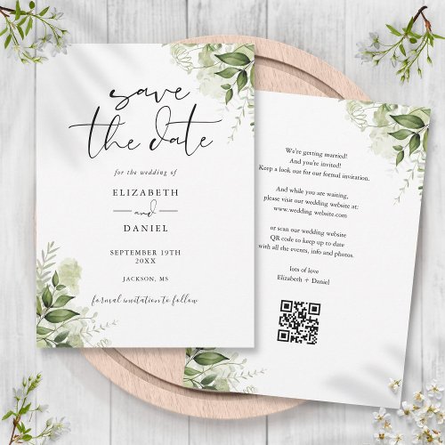 Rustic Greenery Floral QR Code Wedding Save The Date