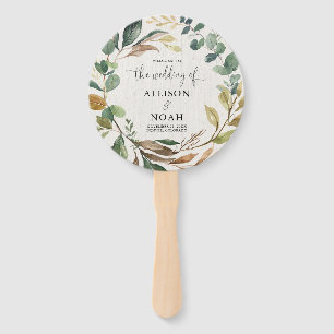 Rustic greenery foliage botanical wedding program hand fan