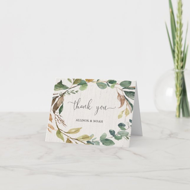 Rustic greenery foliage botanical wreath wedding letterpress thank you card (Front)