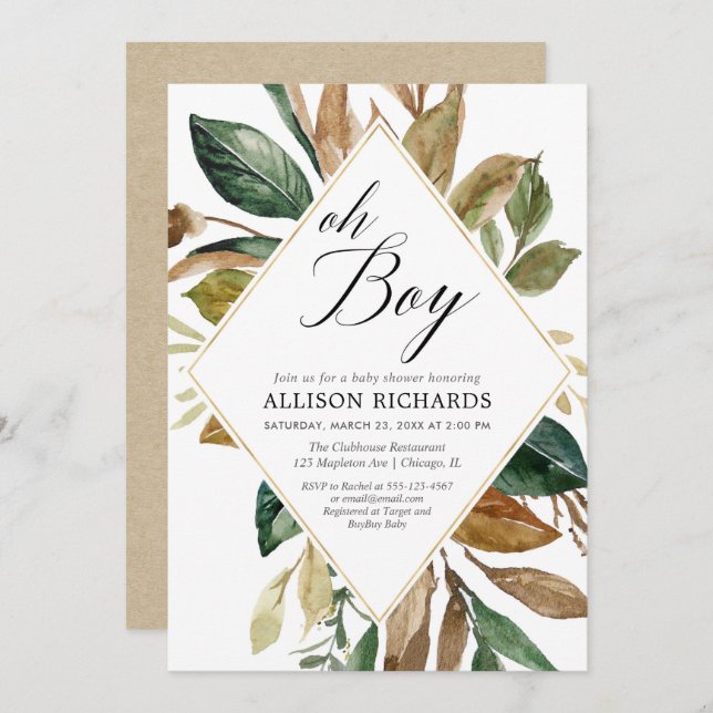 Rustic greenery foliage boy baby shower invitation (Front/Back)