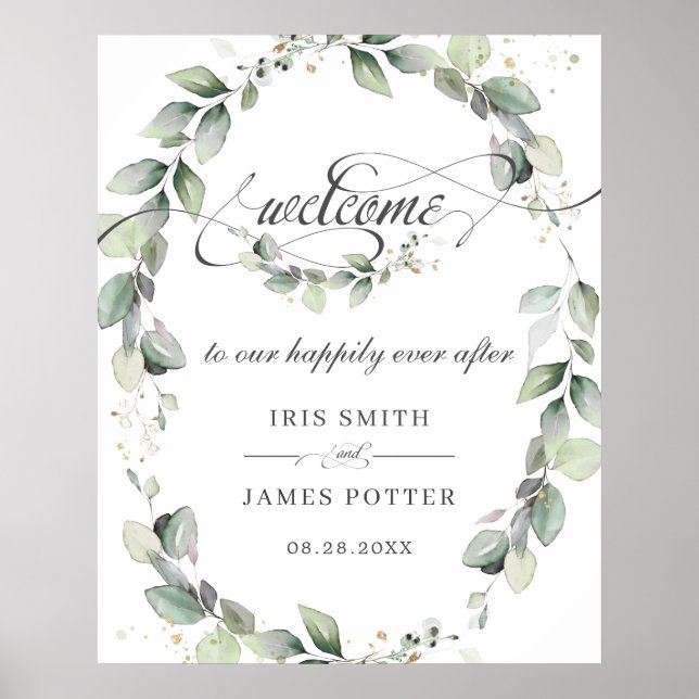 Rustic Greenery Foliage Gold Wedding Welcome Sign (Front)