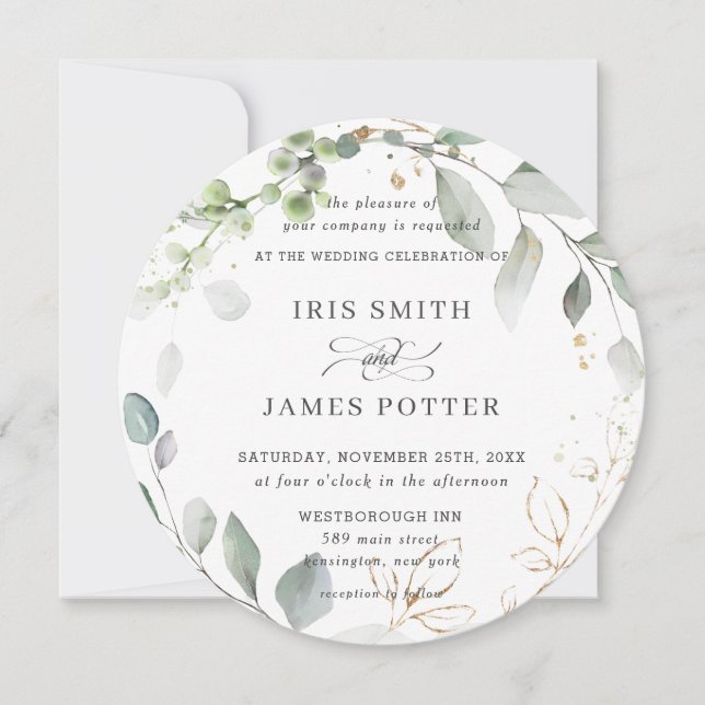 Rustic Greenery Foliage Leaves Wreath Gold Wedding Invitation (Front)