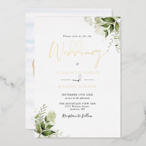 Rustic Greenery Foliage Photo Wedding Script Foil Invitation