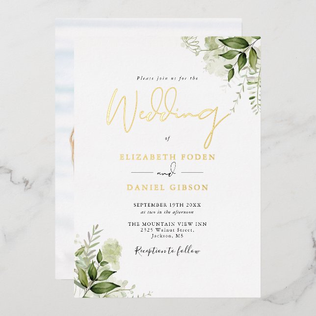 Rustic Greenery Foliage Photo Wedding Script Foil Invitation (Front/Back)
