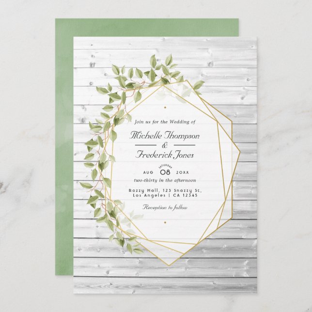 Rustic Greenery Geometric QR Code RSVP Wedding Invitation (Front/Back)