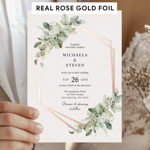 Rustic Greenery Geometric Wedding Real Rose Gold Foil Invitation