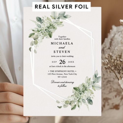 Rustic Greenery Geometric Wedding Real Silver Foil Invitation