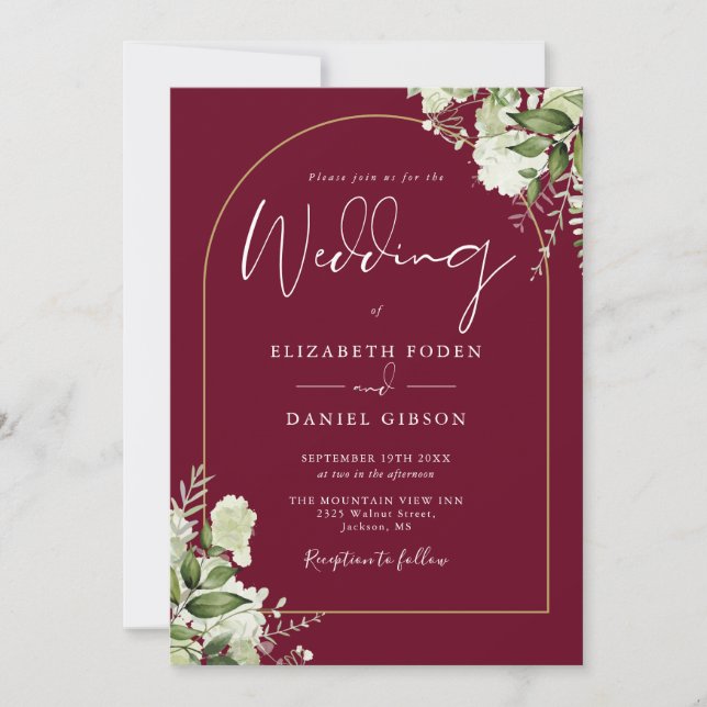 Rustic Greenery Gold Arch Photo Burgundy Wedding Invitation (Front)