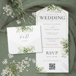 Rustic Greenery Gold Arch QR Code Wedding All In One Invitation