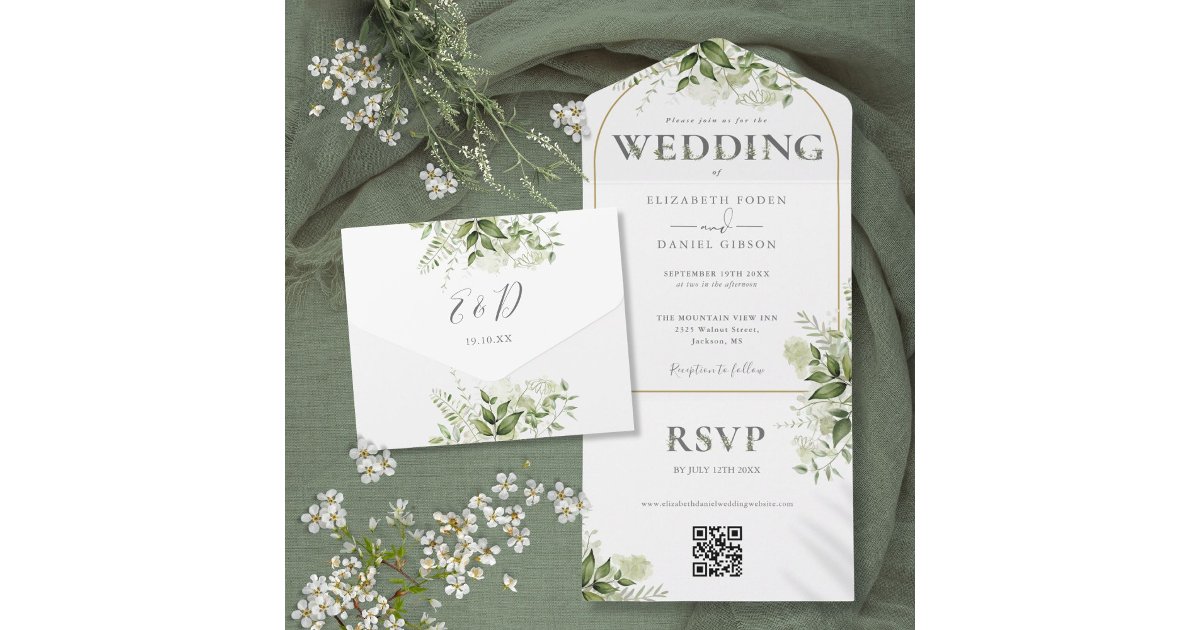 Rustic Greenery Gold Arch QR Code Wedding All In One Invitation | Zazzle