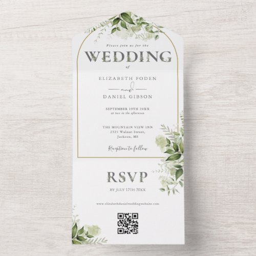Rustic Greenery Gold Arch QR Code Wedding All In One Invitation