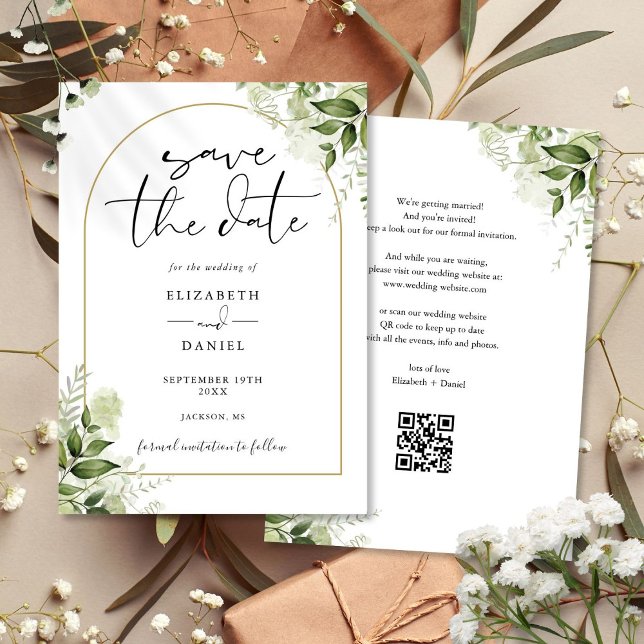 Rustic Greenery Gold Arch QR Code Wedding Save The Date (Rustic Greenery Gold Arch QR Code Wedding Save The Date)