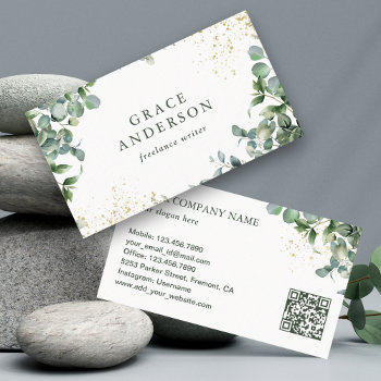 Rustic Greenery Gold Eucalyptus Qr Code Business Card by ShabzDesigns at Zazzle