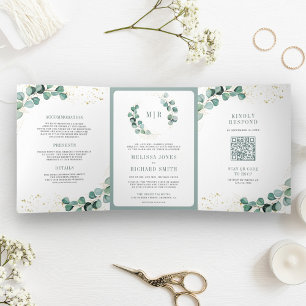 Rustic Greenery Gold Eucalyptus QR Code Wedding Tri-Fold Invitation