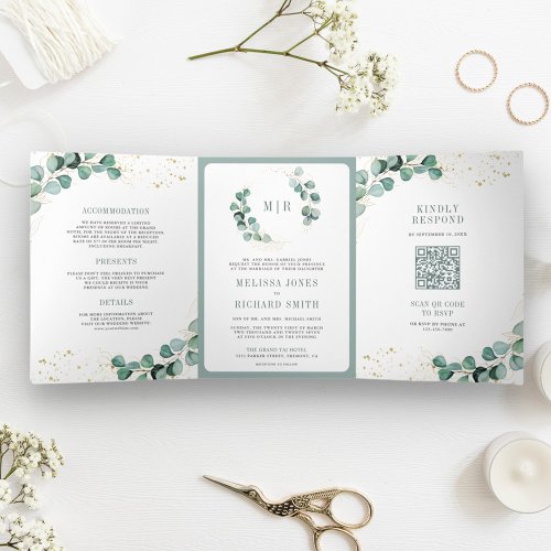 Rustic Greenery Gold Eucalyptus QR Code Wedding  Tri_Fold Invitation